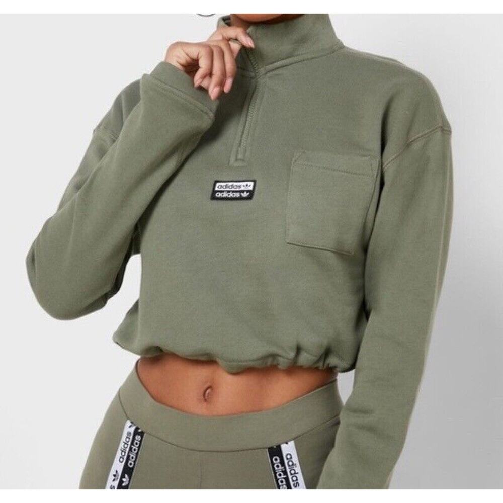 Adidas Cropped Sweatshirt Womens Size M Olive Green Terry Pullover 1/4 Zip